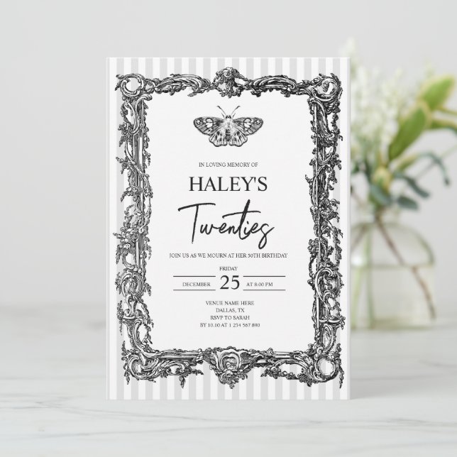 Victorian Gothic Moth RIP Twenties 30th Birthday Invitation (Standing Front)
