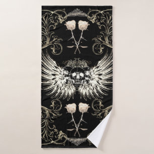 Victorian Gothic Romance Skull Wings & White Roses Bath Towel Set