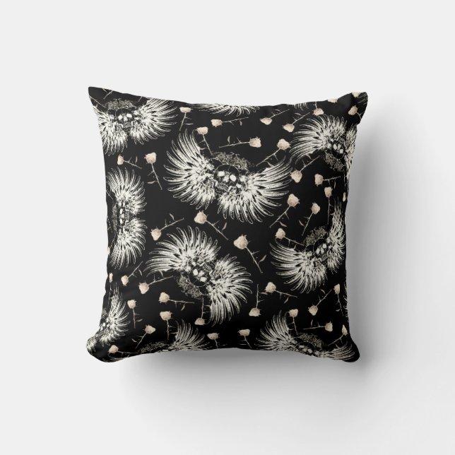 Victorian Gothic Romance Skull Wings & White Roses Cushion (Front)