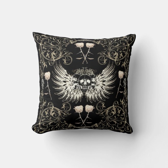 Victorian Gothic Romance Skull Wings & White Roses Cushion (Front)