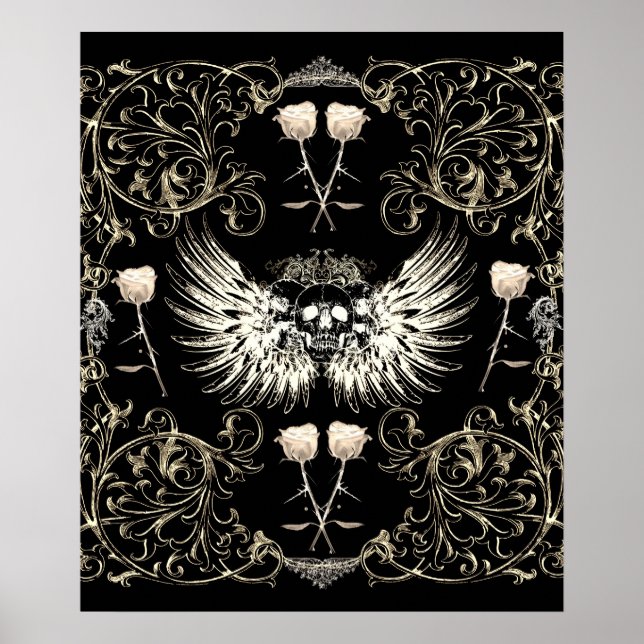 Victorian Gothic Romance Skull Wings & White Roses Poster (Front)