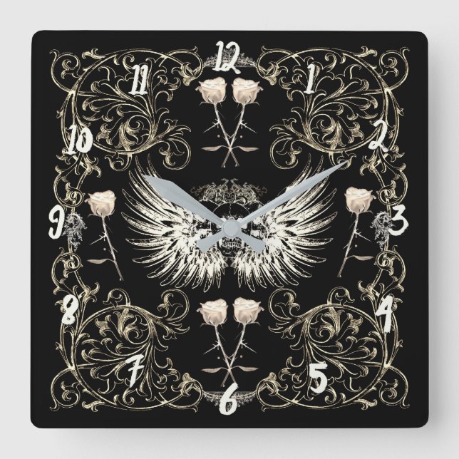 Victorian Gothic Romance Skull Wings & White Roses Square Wall Clock (Front)