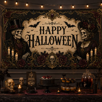 Victorian Gothic Skeleton Black Rose Halloween Banner