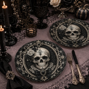 Victorian Gothic Skull Black Ivory Dark Romance Paper Plate