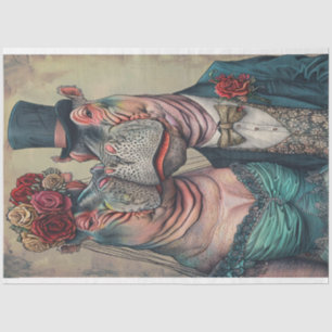 Victorian Hippo Couple in Teal Attire Decoupage Tissue Paper