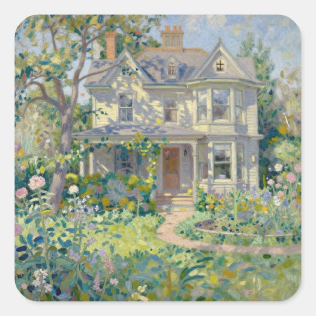 Victorian House And Garden Impressionism Square Sticker (Front)