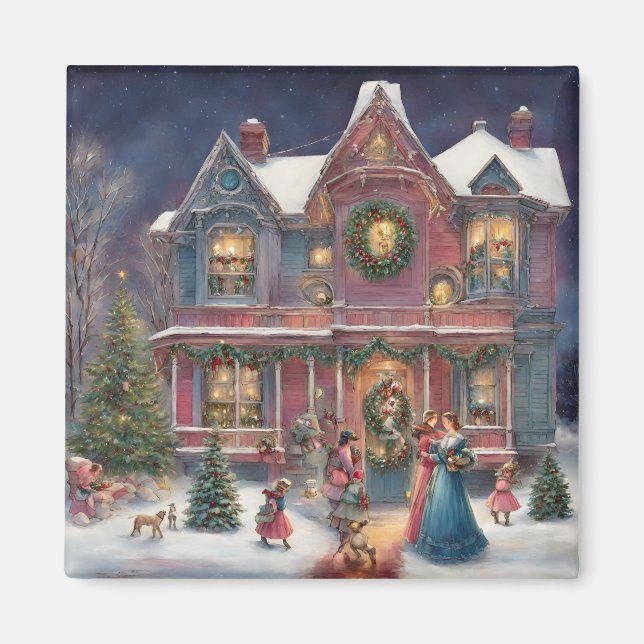 Victorian House, Ladies, Children on Christmas Eve Magnet (Front)