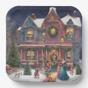 Victorian House, Ladies, Children on Christmas Eve Paper Plate