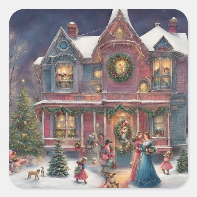 Victorian House, Ladies, Children on Christmas Eve Square Sticker (Front)