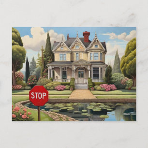 Victorian house with stop sign by it postcard