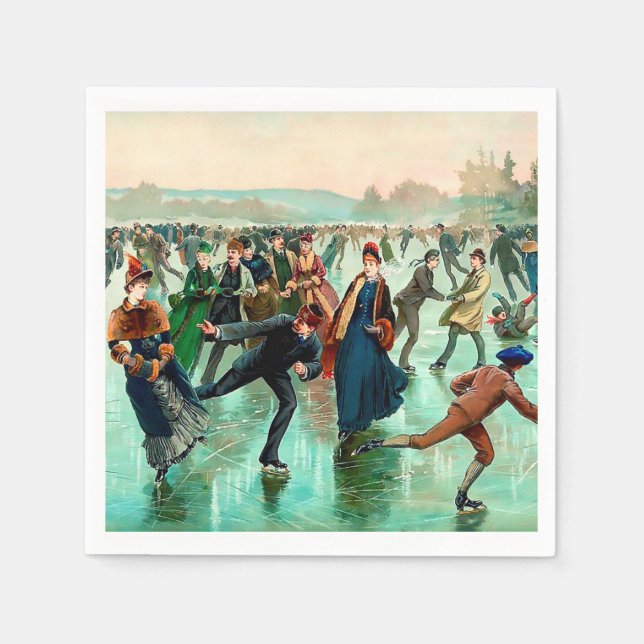 Victorian ice skating vintage winter scene napkin (Front)