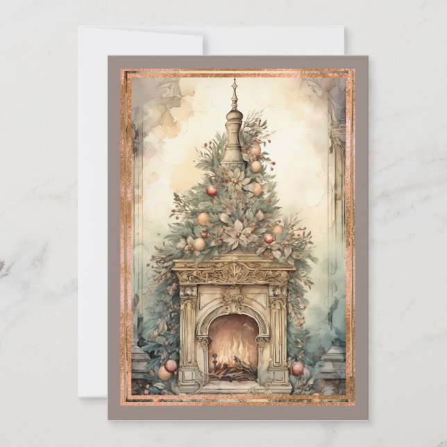 Victorian Indoor Fireplace Christmas Tree  Holiday Card (Front)