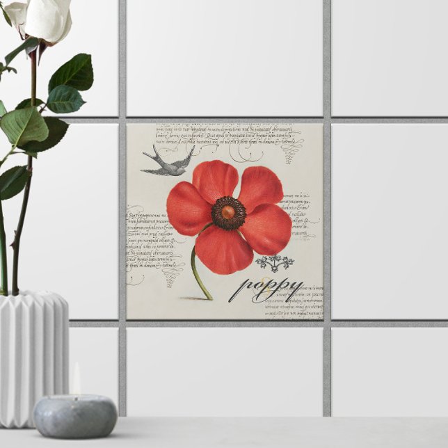 Victorian-Inspired 🌸 Vintage Red Poppy  Tile (Victorian-Inspired 🌸 Vintage Red Poppy Ceramic Tile
)