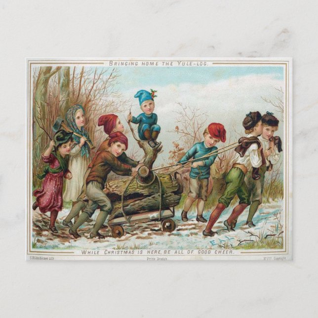 Victorian Kids Bringing Home the Yule Log Postcard (Front)