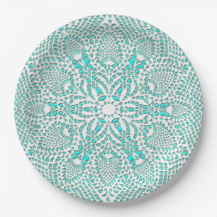 Victorian Lace Doily Turquoise Background Paper Plate