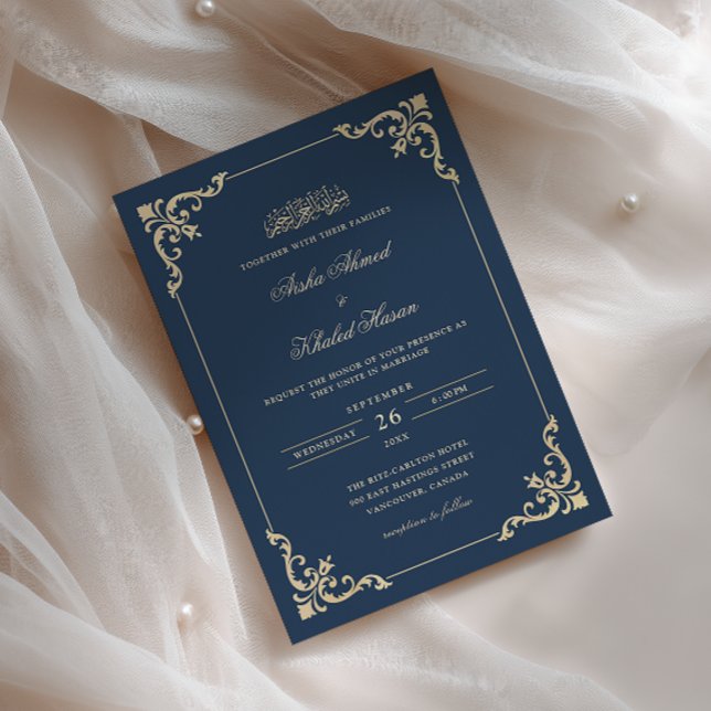 Victorian Lace Frame Gold Navy Blue Muslim Wedding Invitation (Creator Uploaded)
