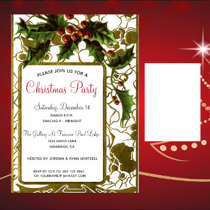 Victorian Lacy Gold Frame & Holly Christmas Party Invitation