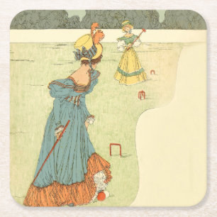 Victorian Ladies Croquet Vintage Garden Party Square Paper Coaster