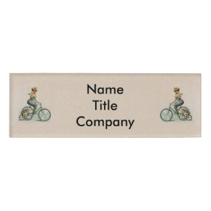 Victorian Lady Bulldog Riding Bicycles Tan Name Tag