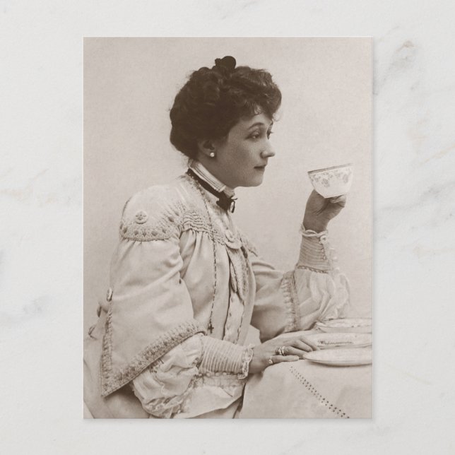 Victorian lady drinking tea, black and white photo postcard (Front)
