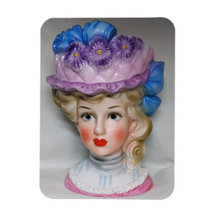 Victorian Lady Head Vase Pink & Purple Floral Hat  Magnet