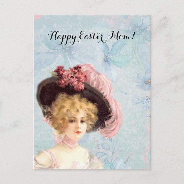 Victorian Lady in Feathered Hat Pink Roses Easter Holiday Postcard (Front)