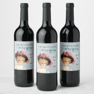 Victorian Lady in Feathered Hat with Pink Roses Wine Label