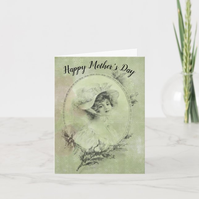 Victorian Lady in Hat Verdigris Green Mother's Day Holiday Card (Front)