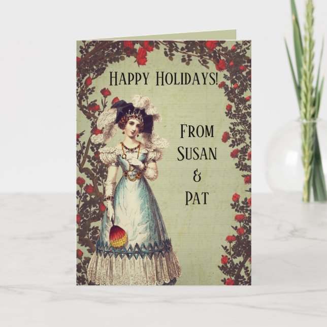 Victorian Lady in the Red Rose Garden with Fan Holiday Card (Front)