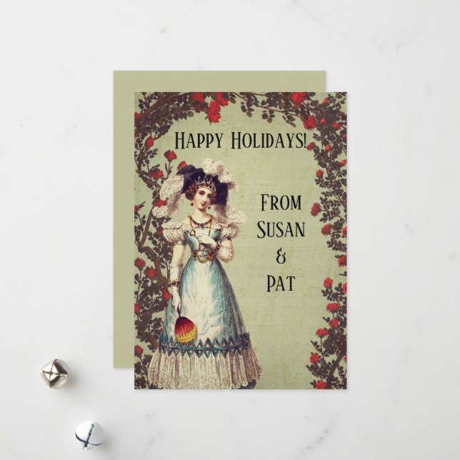 Victorian Lady in the Red Rose Garden with Fan Holiday Card (Front/Back In Situ)