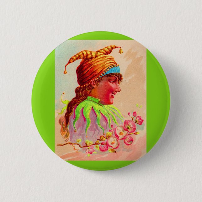 Victorian lady jester 6 cm round badge (Front)