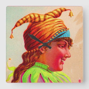 Victorian lady jester square wall clock
