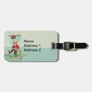 Victorian Lady Umbrella Ocean Red bathing Suit Luggage Tag