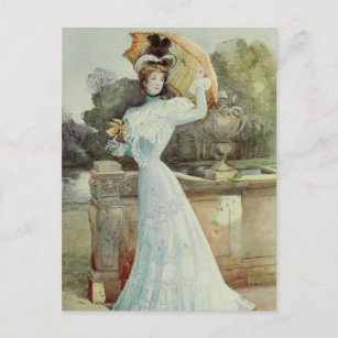 Victorian Lady–Vintage French Fashion – Aqua Dress Postcard