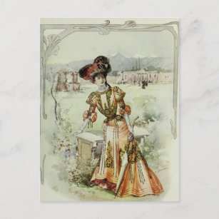 Victorian Lady–Vintage French Fashion–Orange Dress Postcard