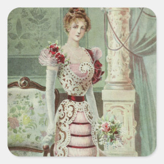 Victorian Lady–Vintage French Fashion –Pink Dress Square Sticker