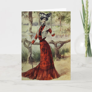 Victorian Lady - Vintage French Fashion - Red Dres Holiday Card