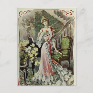 Victorian Lady – Vintage French Fashion –Red Dress Postcard
