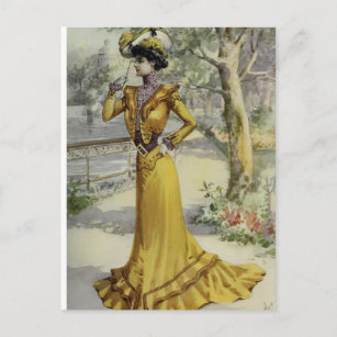 Victorian Lady–Vintage French Fashion–Yellow Dress Postcard