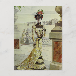Victorian Lady-Vintage French Fashion-Yellow Dress Postcard