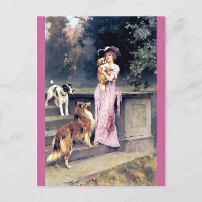 Victorian lady with dog pets postcard (Front)