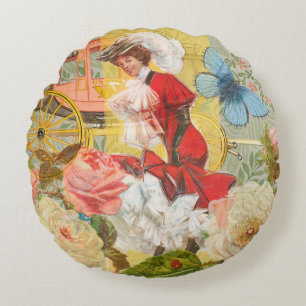 Victorian Lady Woman Elegant Rich Red Illustration Round Cushion