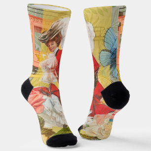 Victorian Lady Woman Elegant Rich Red Illustration Socks
