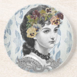Victorian Lady Woman Pansies on Tapestry Coaster
