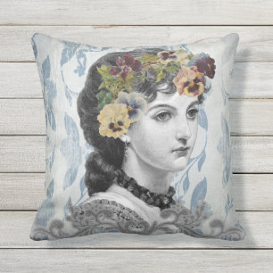 Victorian Lady Woman Pansies on Tapestry Cushion