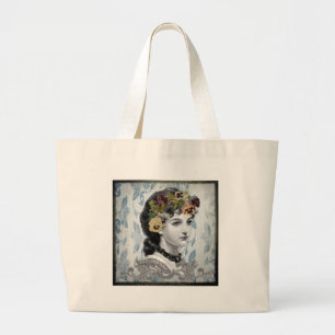 Victorian Lady Woman Pansies on Tapestry Large Tote Bag