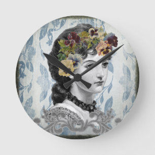 Victorian Lady Woman Pansies on Tapestry Round Clock