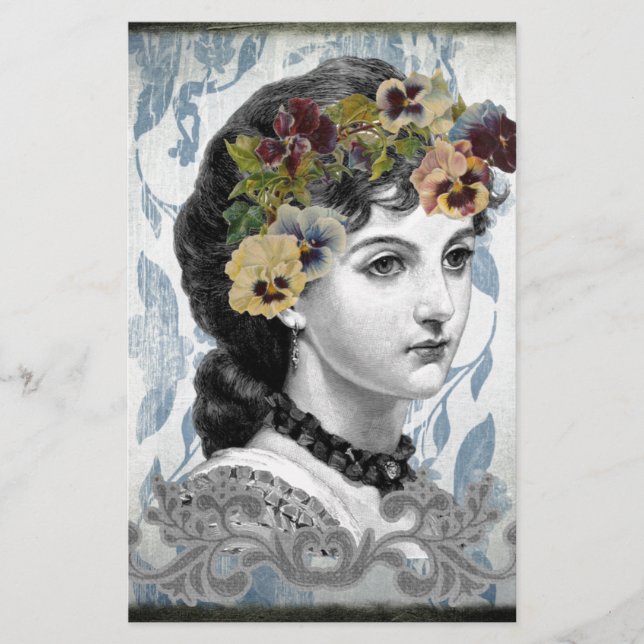 Victorian Lady Woman Pansies on Tapestry Stationery (Front)