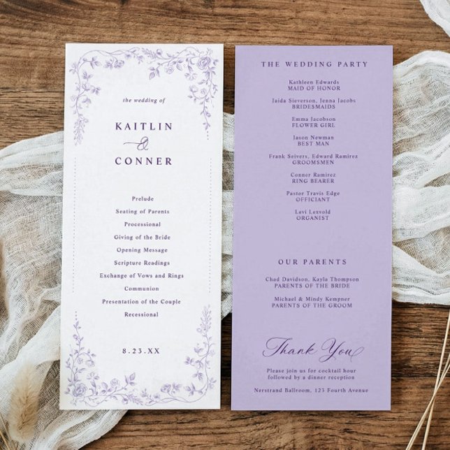Victorian Lavdender Purple French Floral Wedding Programme (Lavender wedding program with vintage French chinoiserie floral elements)