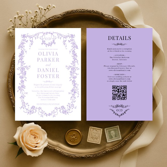 Victorian Lilac Purple All in One Wedding Monogram Invitation (Creator Uploaded)